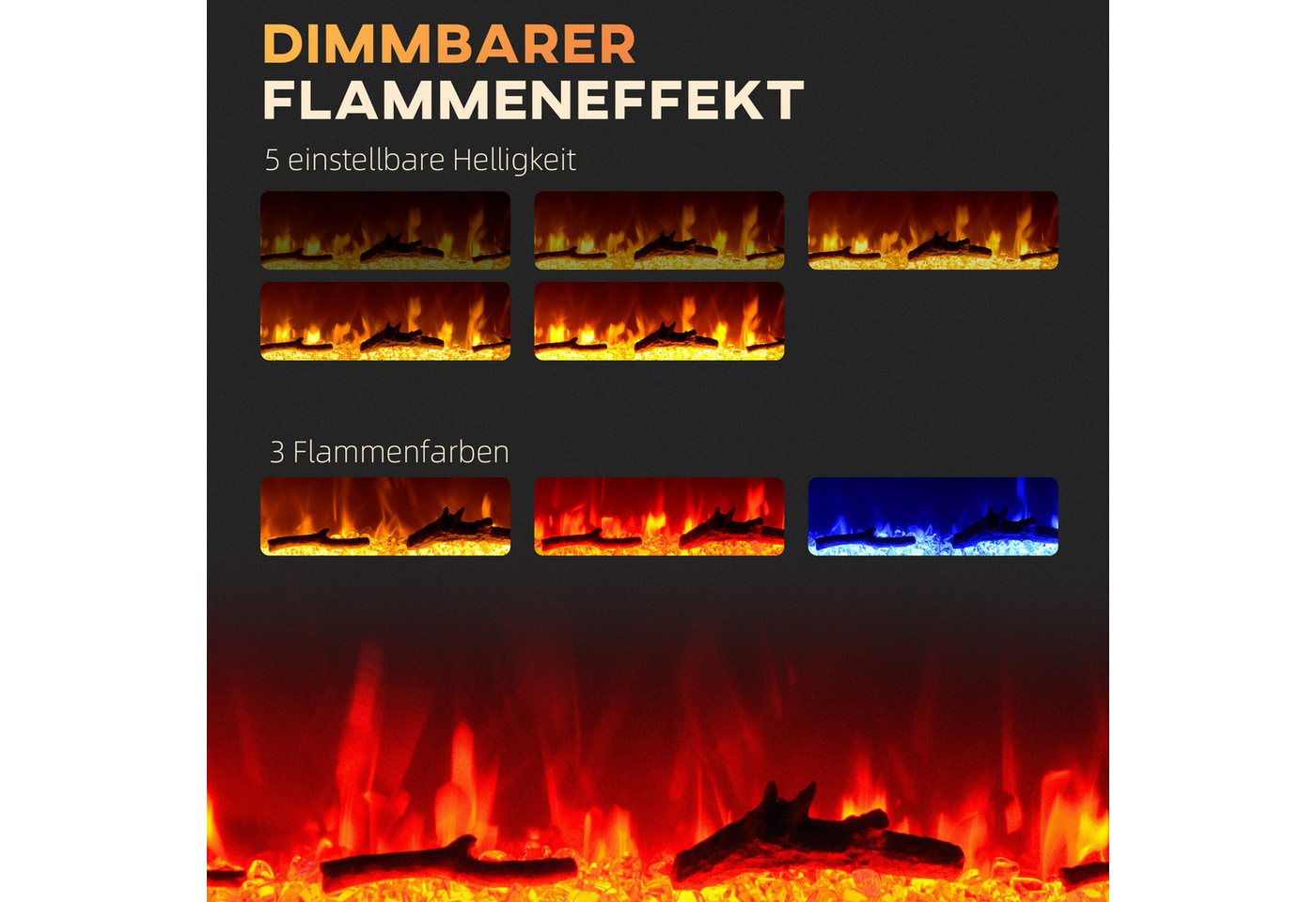 HOMCOM Elektrokamin 1800 W, mit LED Flammeneffekt, in 3 Farben mit 5 Helligkeitsstufen, mit Fernbedienung, Touchscreen, Wandmontage, Schwarz Bild 3