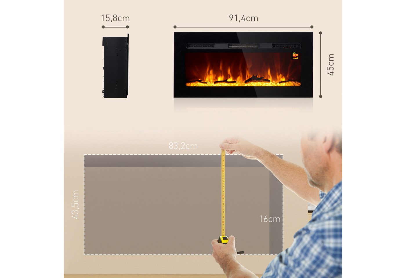 HOMCOM Elektrokamin 1800 W, mit LED Flammeneffekt, in 3 Farben mit 5 Helligkeitsstufen, mit Fernbedienung, Touchscreen, Wandmontage, Schwarz Bild 4