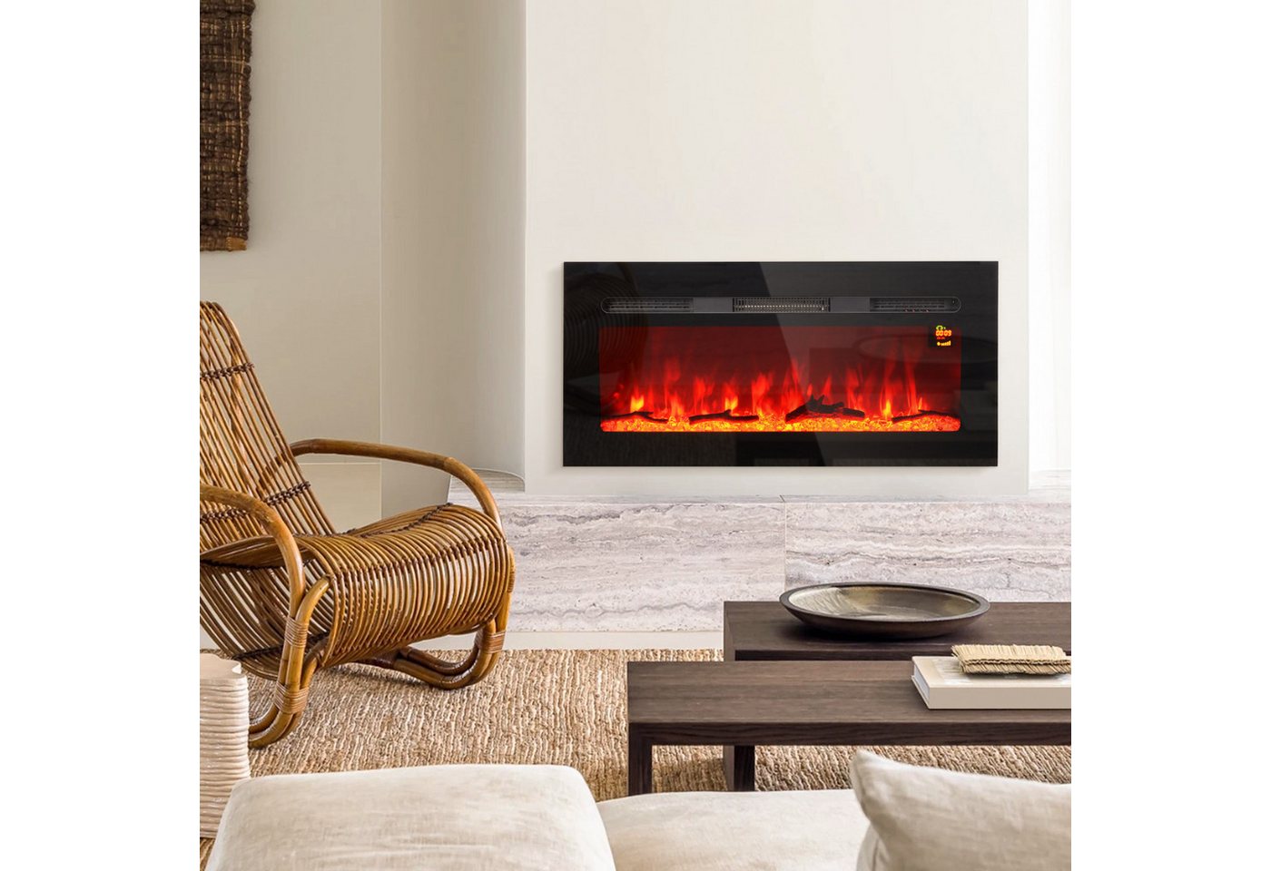 HOMCOM Elektrokamin 1800 W, mit LED Flammeneffekt, in 3 Farben mit 5 Helligkeitsstufen, mit Fernbedienung, Touchscreen, Wandmontage, Schwarz Bild 5