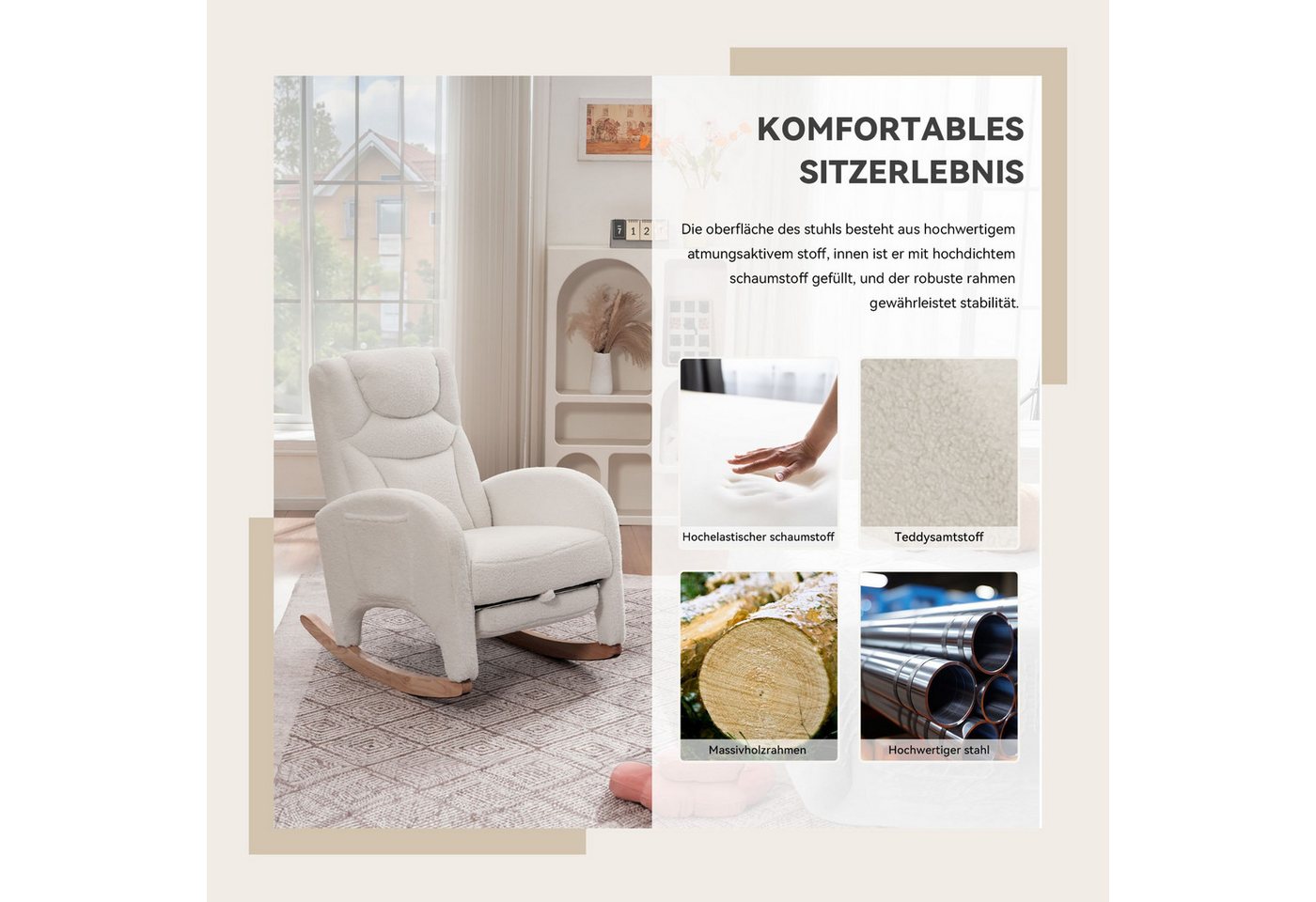 SeedWave Schaukelstuhl mit Armlehnen, Weicher Teddy-Fleece, Eingebaute Fußstütze, Anti-Kipp-Design, Seitentasche für Stauraum, Robuste Gummibaumbeine
