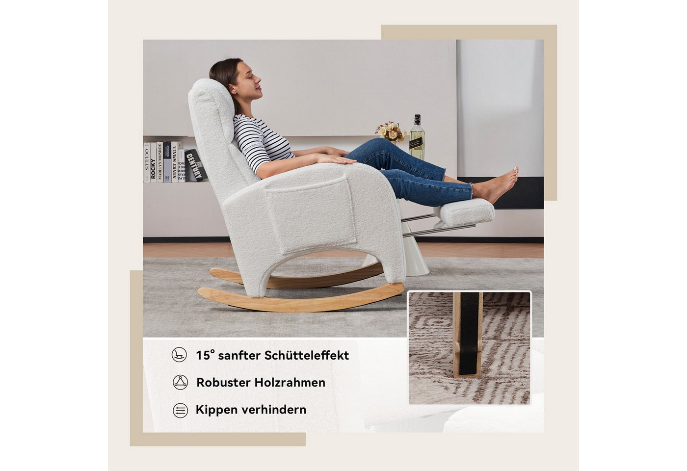 SeedWave Schaukelstuhl mit Armlehnen, Weicher Teddy-Fleece, Eingebaute Fußstütze, Anti-Kipp-Design, Seitentasche für Stauraum, Robuste Gummibaumbeine Bild 2