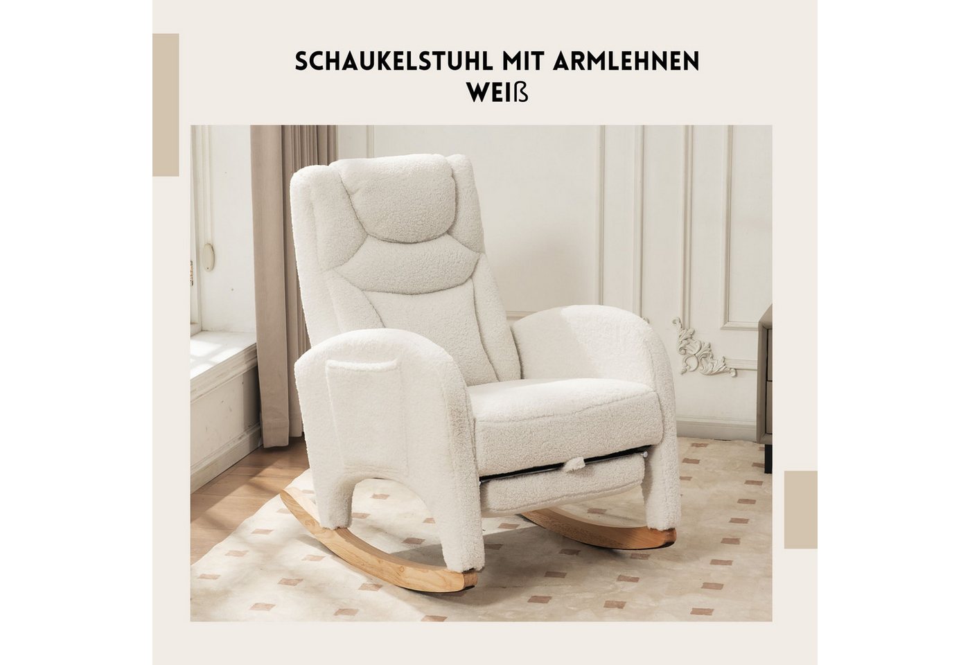 SeedWave Schaukelstuhl mit Armlehnen, Weicher Teddy-Fleece, Eingebaute Fußstütze, Anti-Kipp-Design, Seitentasche für Stauraum, Robuste Gummibaumbeine Bild 4
