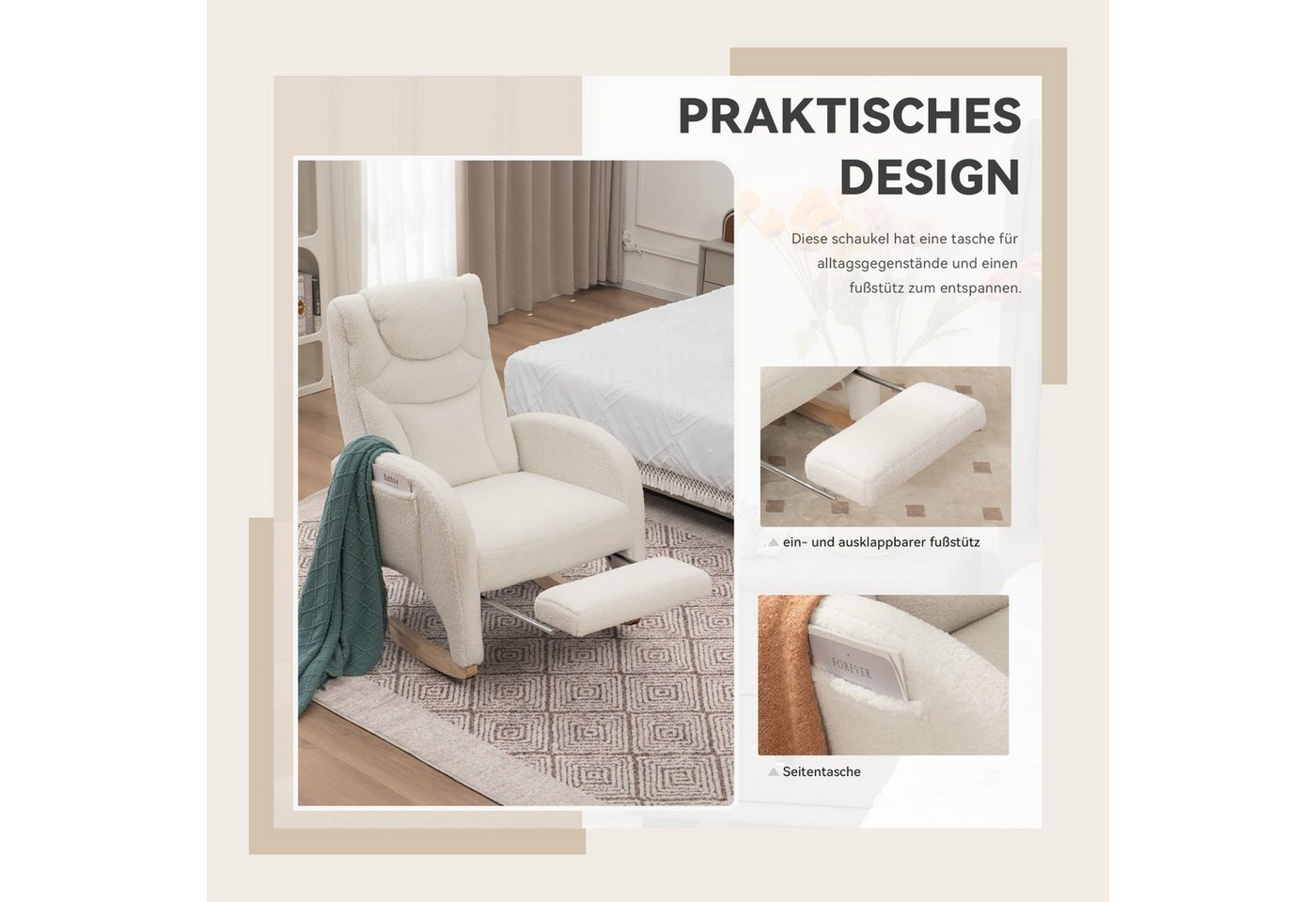 SeedWave Schaukelstuhl mit Armlehnen, Weicher Teddy-Fleece, Eingebaute Fußstütze, Anti-Kipp-Design, Seitentasche für Stauraum, Robuste Gummibaumbeine Bild 5