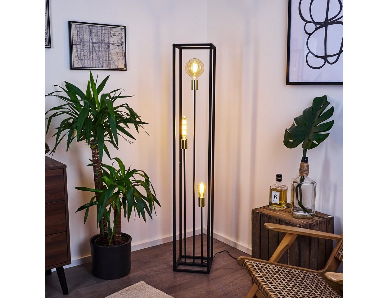 hofstein Stehlampe »Avola« Stehleuchte Bodenlampe aus Metall in Schwarz und Messingfarben, ohne Leuchtmittel, Industrial Look Standlampe mit Lichteffekt, E27, Fußschalter am Kabel