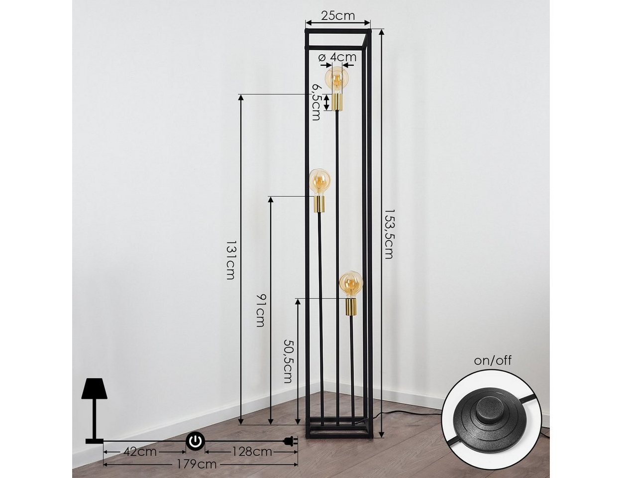 hofstein Stehlampe »Avola« Stehleuchte Bodenlampe aus Metall in Schwarz und Messingfarben, ohne Leuchtmittel, Industrial Look Standlampe mit Lichteffekt, E27, Fußschalter am Kabel Bild 2