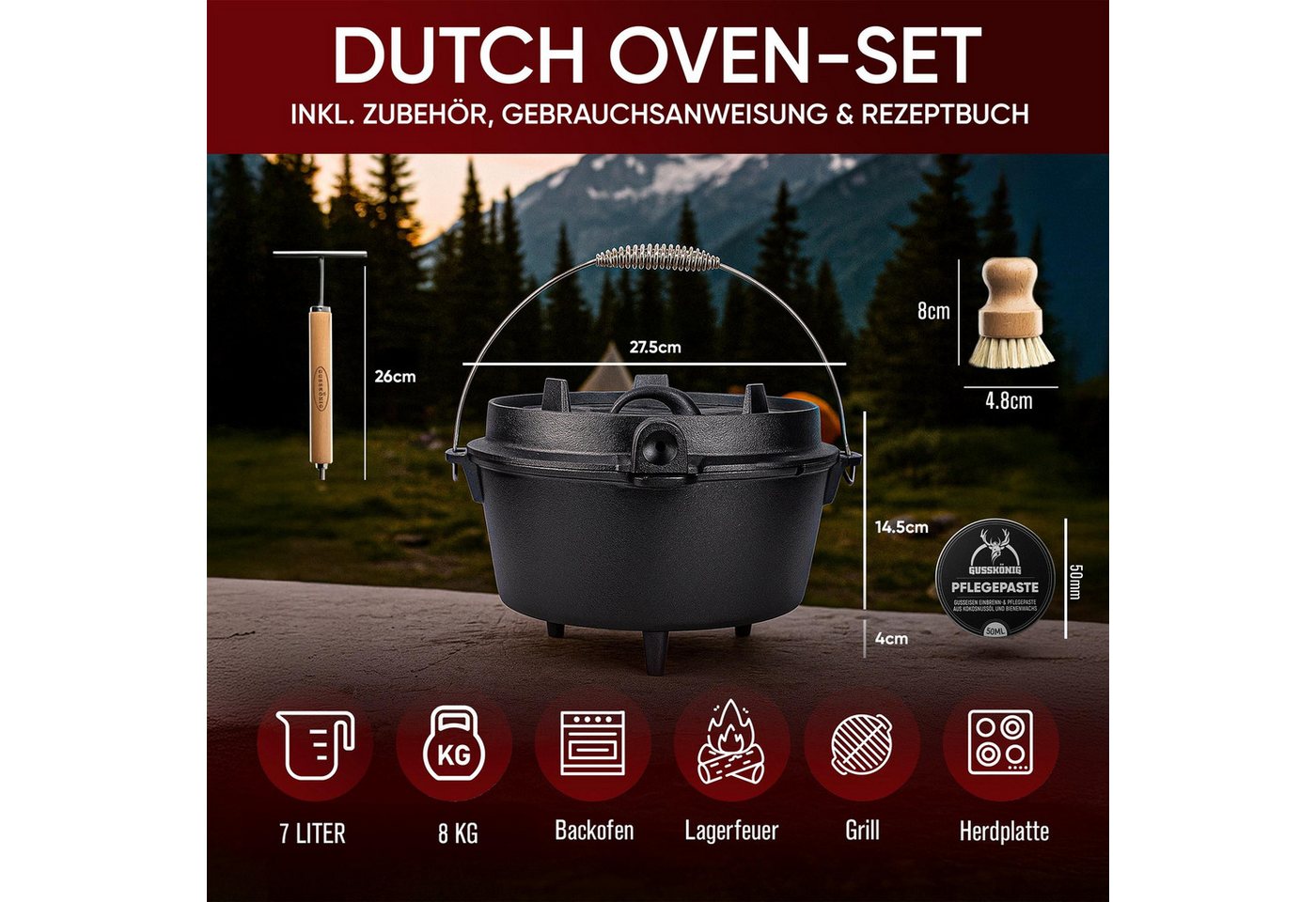 GUSSKÖNIG Grilltopf GUSSKÖNIG Dutch Oven Topf mit Füßen 7Liter+Pflegepaste Bild 3