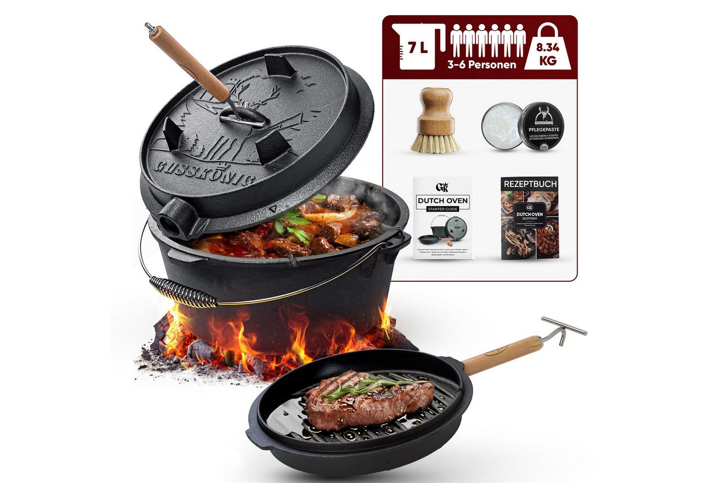 GUSSKÖNIG Grilltopf GUSSKÖNIG Dutch Oven Topf mit Füßen 7Liter+Pflegepaste Bild 5