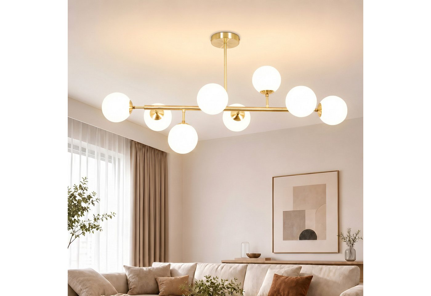 Nettlife Deckenleuchte 8 flamming 105cm Vintage Glaskugeln G9 Gold, ohne Leuchtmittel, für Wohnzimmer Schlafzimmer Küche Esszimmer Büro Flur Kinderzimmer