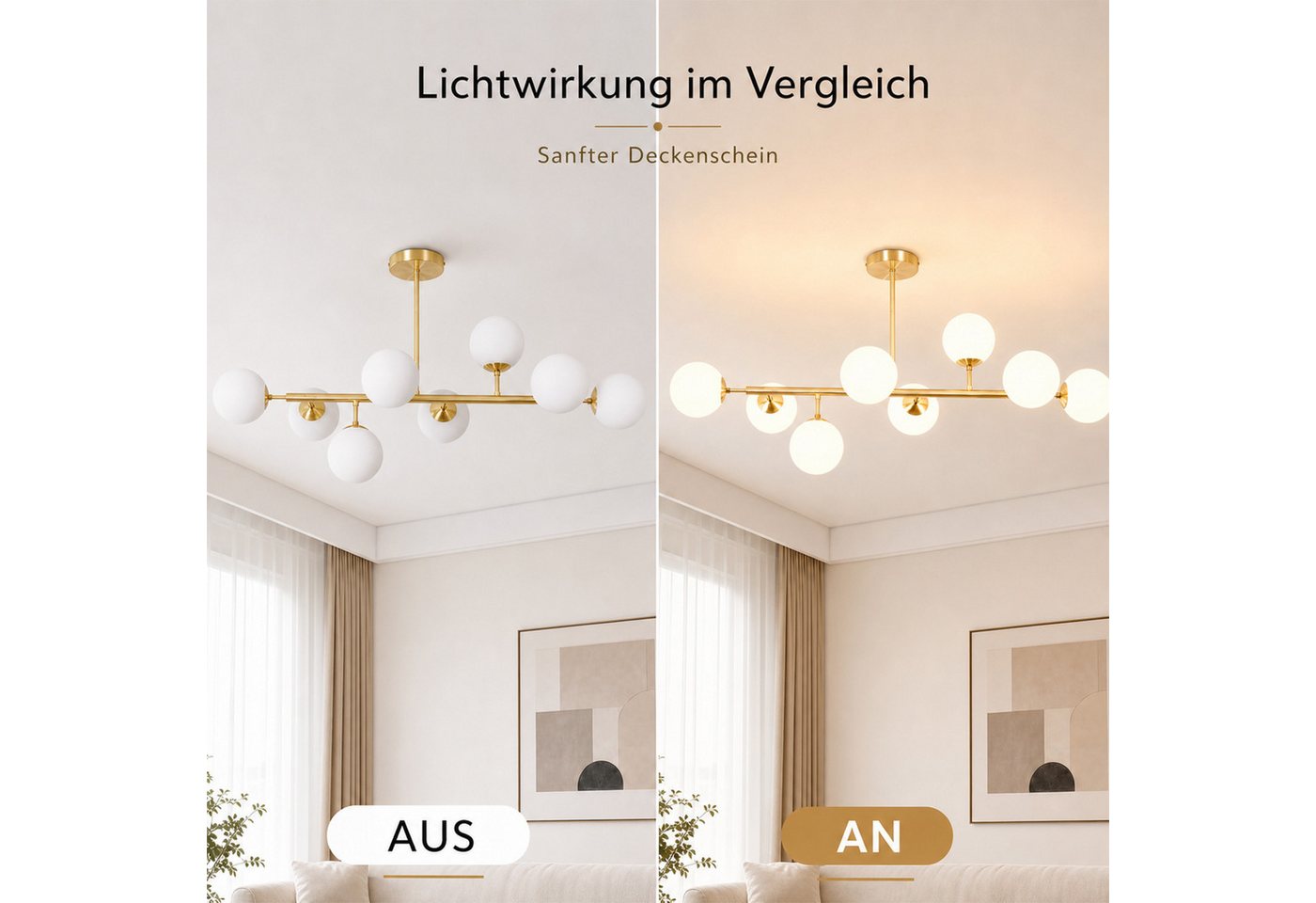 Nettlife Deckenleuchte 8 flamming 105cm Vintage Glaskugeln G9 Gold, ohne Leuchtmittel, für Wohnzimmer Schlafzimmer Küche Esszimmer Büro Flur Kinderzimmer Bild 2
