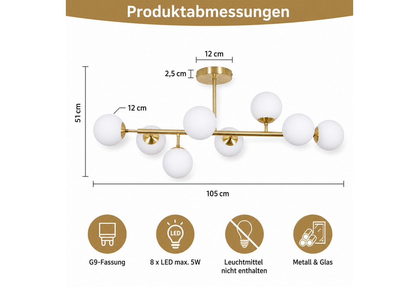 Nettlife Deckenleuchte 8 flamming 105cm Vintage Glaskugeln G9 Gold, ohne Leuchtmittel, für Wohnzimmer Schlafzimmer Küche Esszimmer Büro Flur Kinderzimmer Bild 4