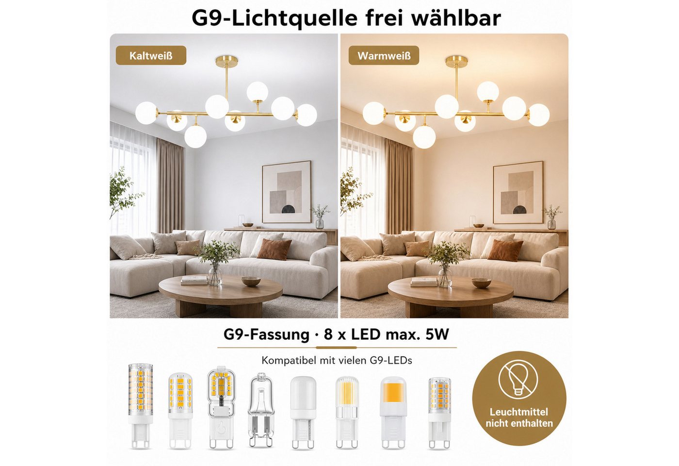 Nettlife Deckenleuchte 8 flamming 105cm Vintage Glaskugeln G9 Gold, ohne Leuchtmittel, für Wohnzimmer Schlafzimmer Küche Esszimmer Büro Flur Kinderzimmer Bild 5