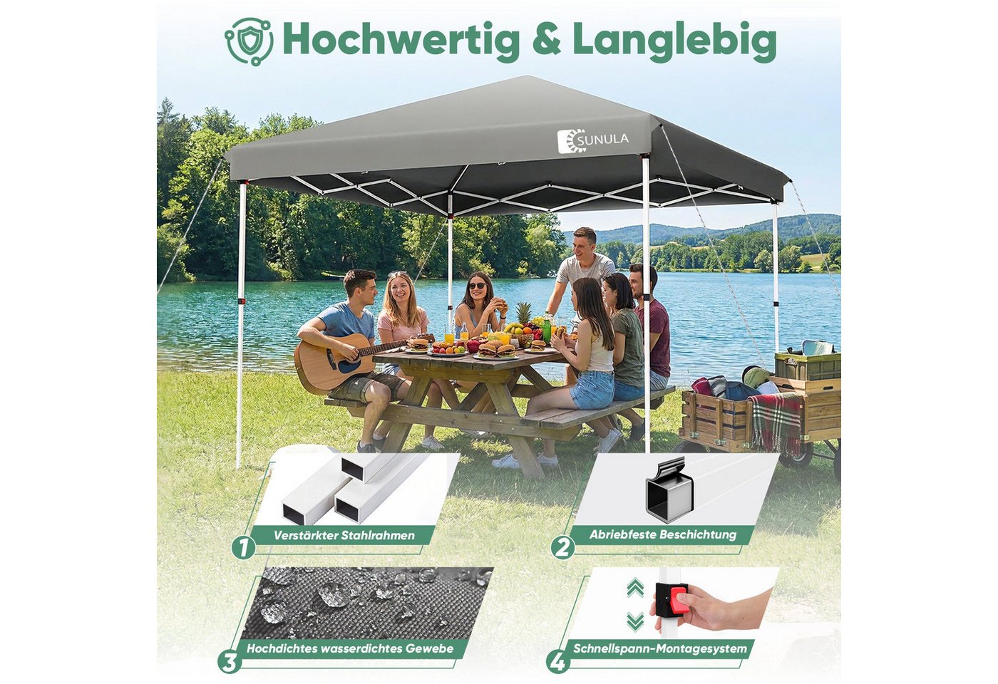 SUNULA Faltpavillon 3x3 m Pavillion Wasserdicht Pop Up Gartenpavillon Winterfest, mit 0 Seitenteilen, Wetterfester Schutz, Leichter Aufbau, Inklusive Tragetasche & Zubehör