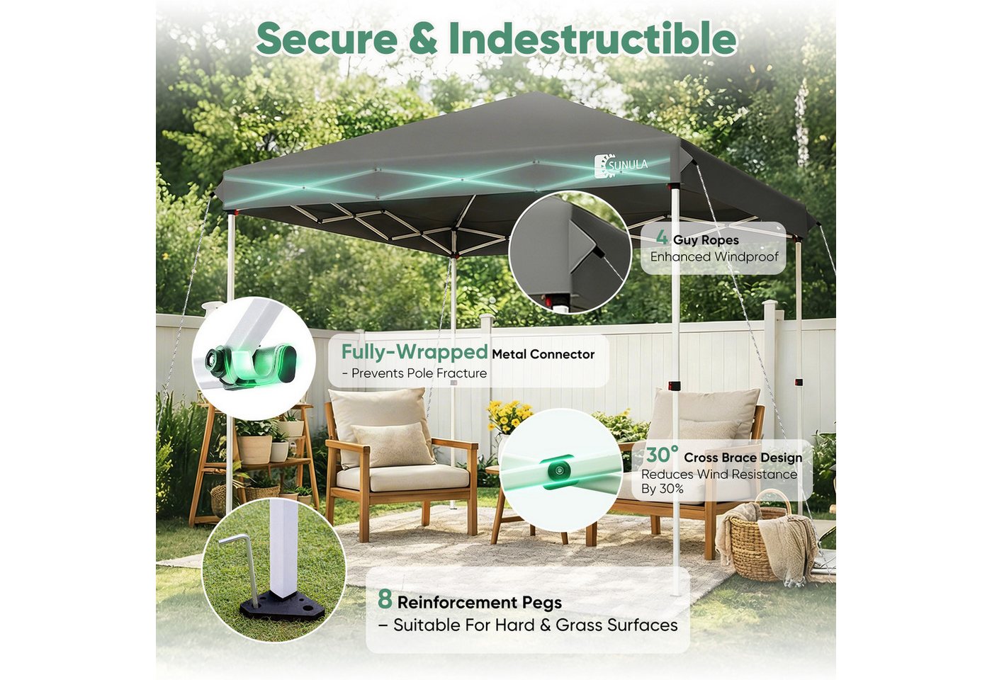 SUNULA Faltpavillon 3x3 m Pavillion Wasserdicht Pop Up Gartenpavillon Winterfest, mit 0 Seitenteilen, Wetterfester Schutz, Leichter Aufbau, Inklusive Tragetasche & Zubehör Bild 4