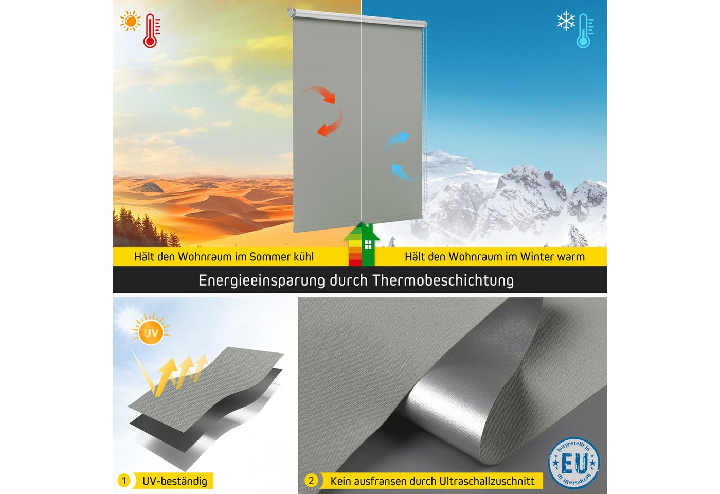 Verdunklungsrollo Thermorollo, 30 x 130 cm, dunkelgrau [Stoffbreite 26,6 cm], jalousiescout, verdunkelnd, ohne Bohren, freihängend, Klemmfix, Thermo-Rollo Vollverdunkelnd Thermo-Beschichtung, energiesparend Bild 3