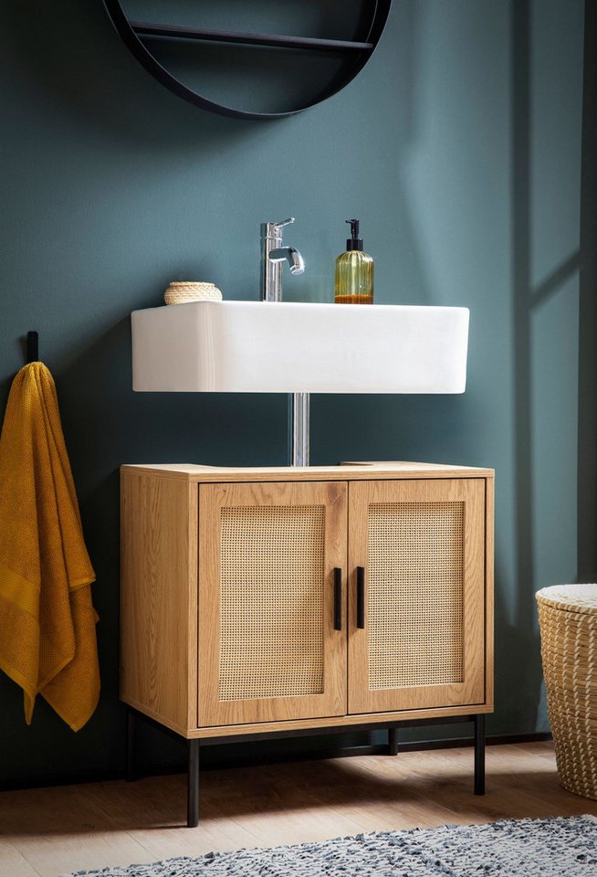 Wohnling Waschbeckenunterschrank Waschbeckenunterschrank 60x60x40 cm Badschrank Unterschrank Eiche Opti (mit Türen, Rattan Eiche-Optik, 60x60x40 cm Modern) Unterschrank Waschbecken, Waschtisch Midischrank