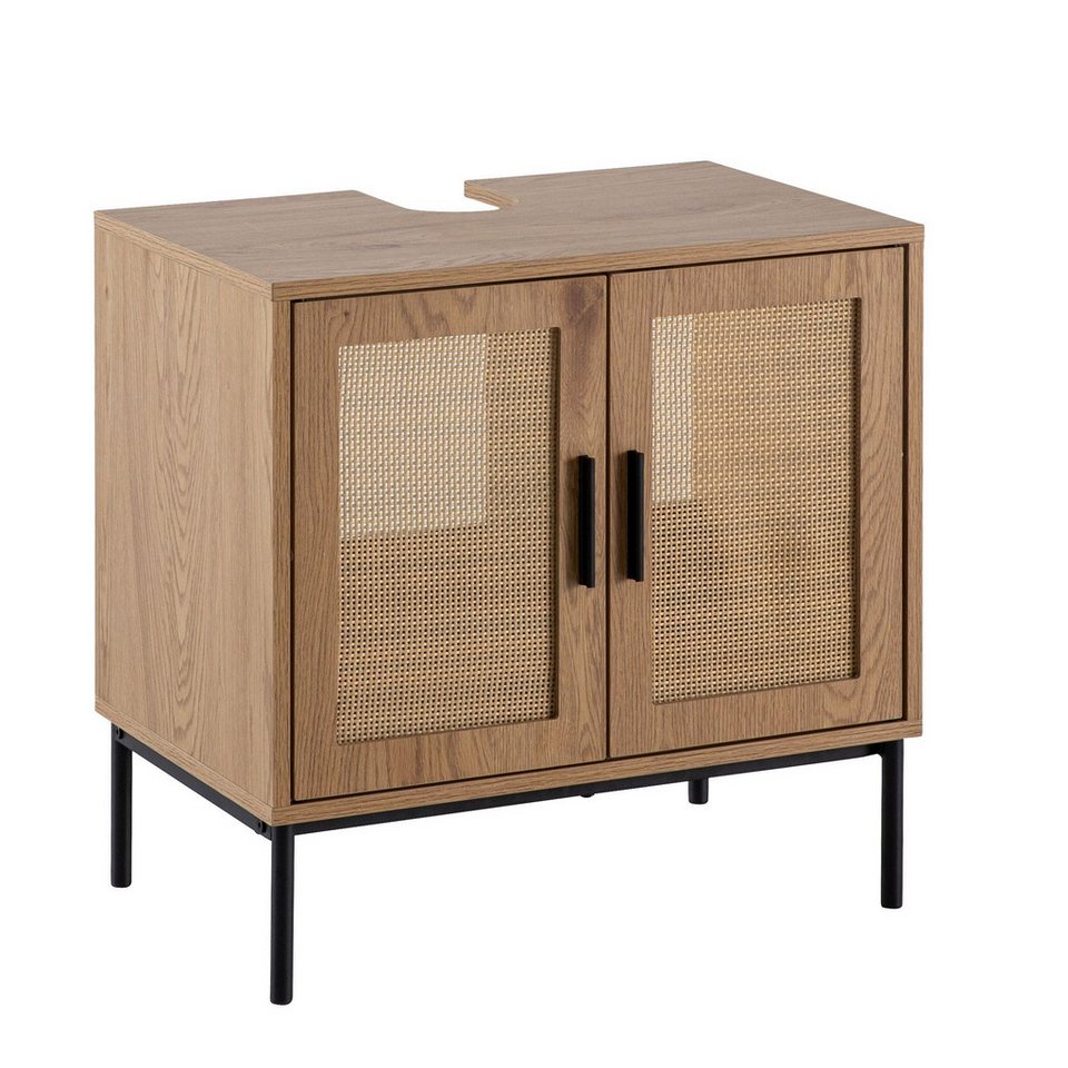 Wohnling Waschbeckenunterschrank Waschbeckenunterschrank 60x60x40 cm Badschrank Unterschrank Eiche Opti (mit Türen, Rattan Eiche-Optik, 60x60x40 cm Modern) Unterschrank Waschbecken, Waschtisch Midischrank Bild 2