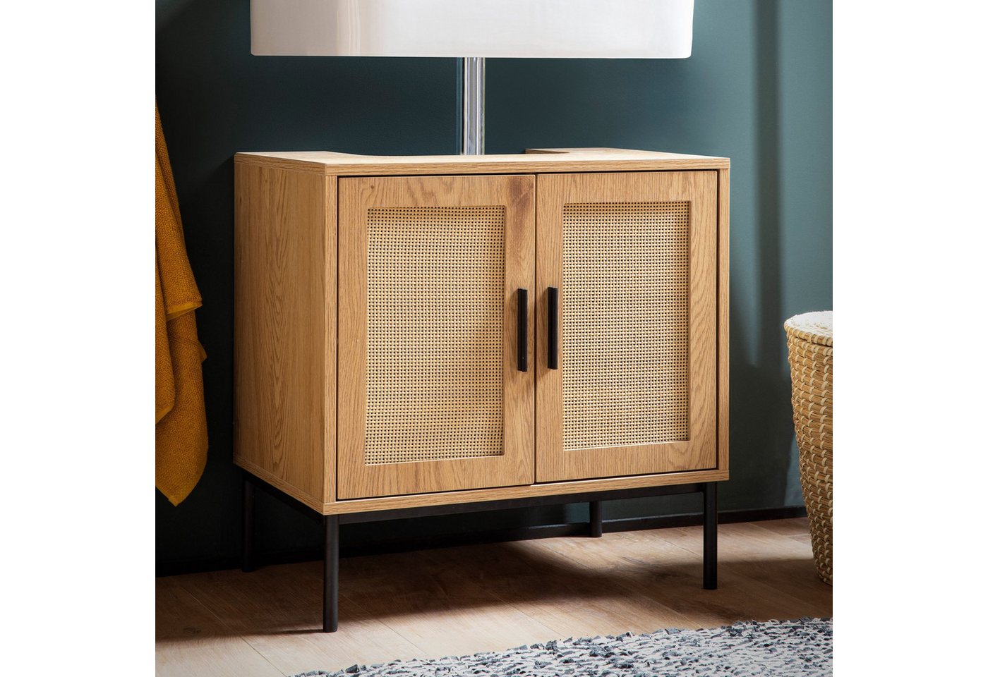 Wohnling Waschbeckenunterschrank Waschbeckenunterschrank 60x60x40 cm Badschrank Unterschrank Eiche Opti (mit Türen, Rattan Eiche-Optik, 60x60x40 cm Modern) Unterschrank Waschbecken, Waschtisch Midischrank Bild 3