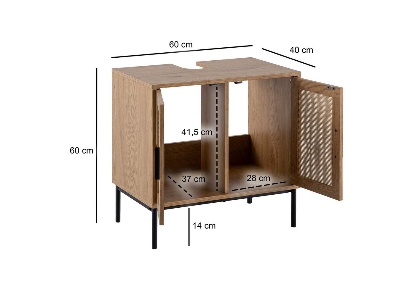 Wohnling Waschbeckenunterschrank Waschbeckenunterschrank 60x60x40 cm Badschrank Unterschrank Eiche Opti (mit Türen, Rattan Eiche-Optik, 60x60x40 cm Modern) Unterschrank Waschbecken, Waschtisch Midischrank Bild 4