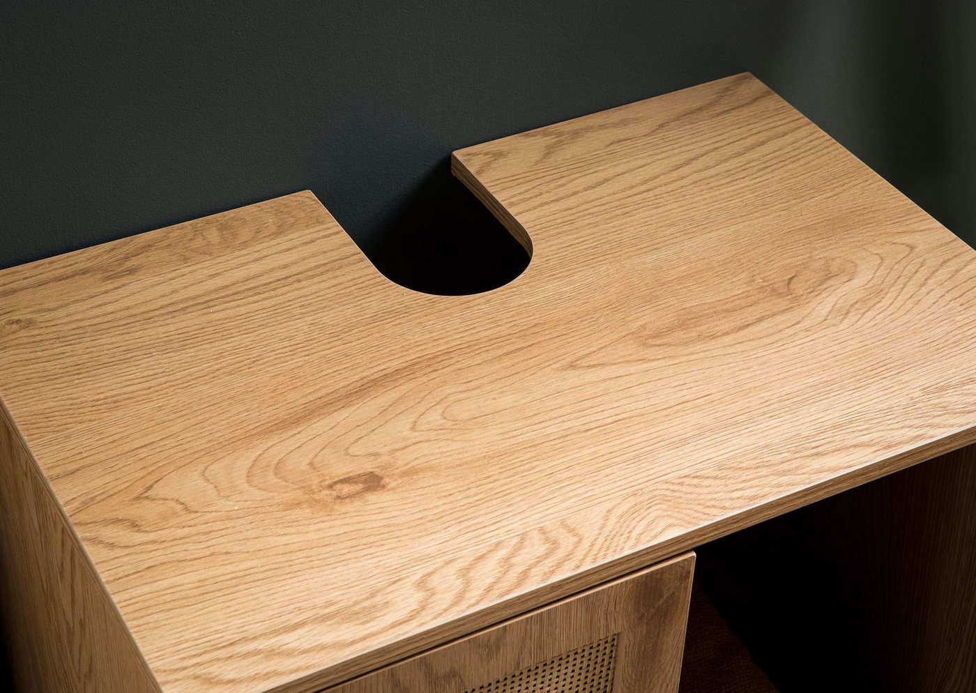 Wohnling Waschbeckenunterschrank Waschbeckenunterschrank 60x60x40 cm Badschrank Unterschrank Eiche Opti (mit Türen, Rattan Eiche-Optik, 60x60x40 cm Modern) Unterschrank Waschbecken, Waschtisch Midischrank Bild 5