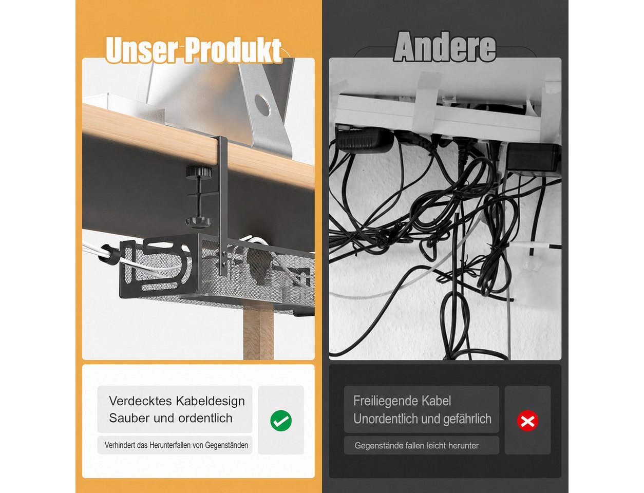 AIMAX Kabelkanal Schreibtisch, Kabelmanagement ohne Bohren mit Klemme, Kabelmanagement-Tablett mit Klemme unter dem Schreibtisch, Schwarz Bild 4