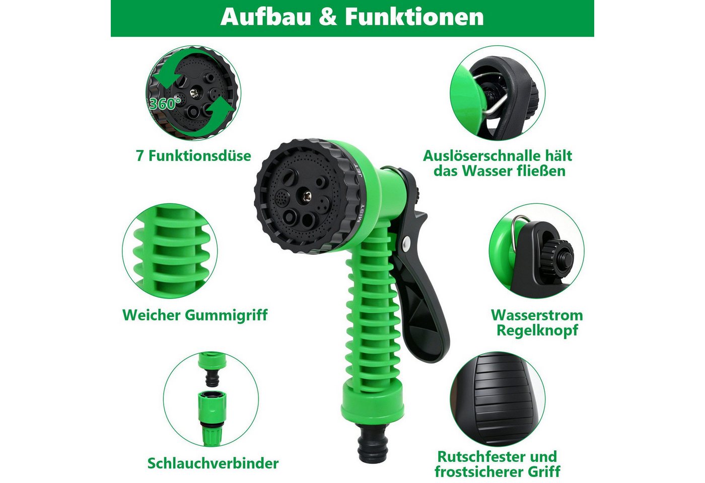 SunJas Gartenschlauch flexibel 15M Dehnbarer Wasserschlauch mit 7 Funktionen Sprühkopf, 1/2" & 3/4" Anschlüsse, Flexibler Schlauch für Garten Bewässerung & Autowäsche Bild 2