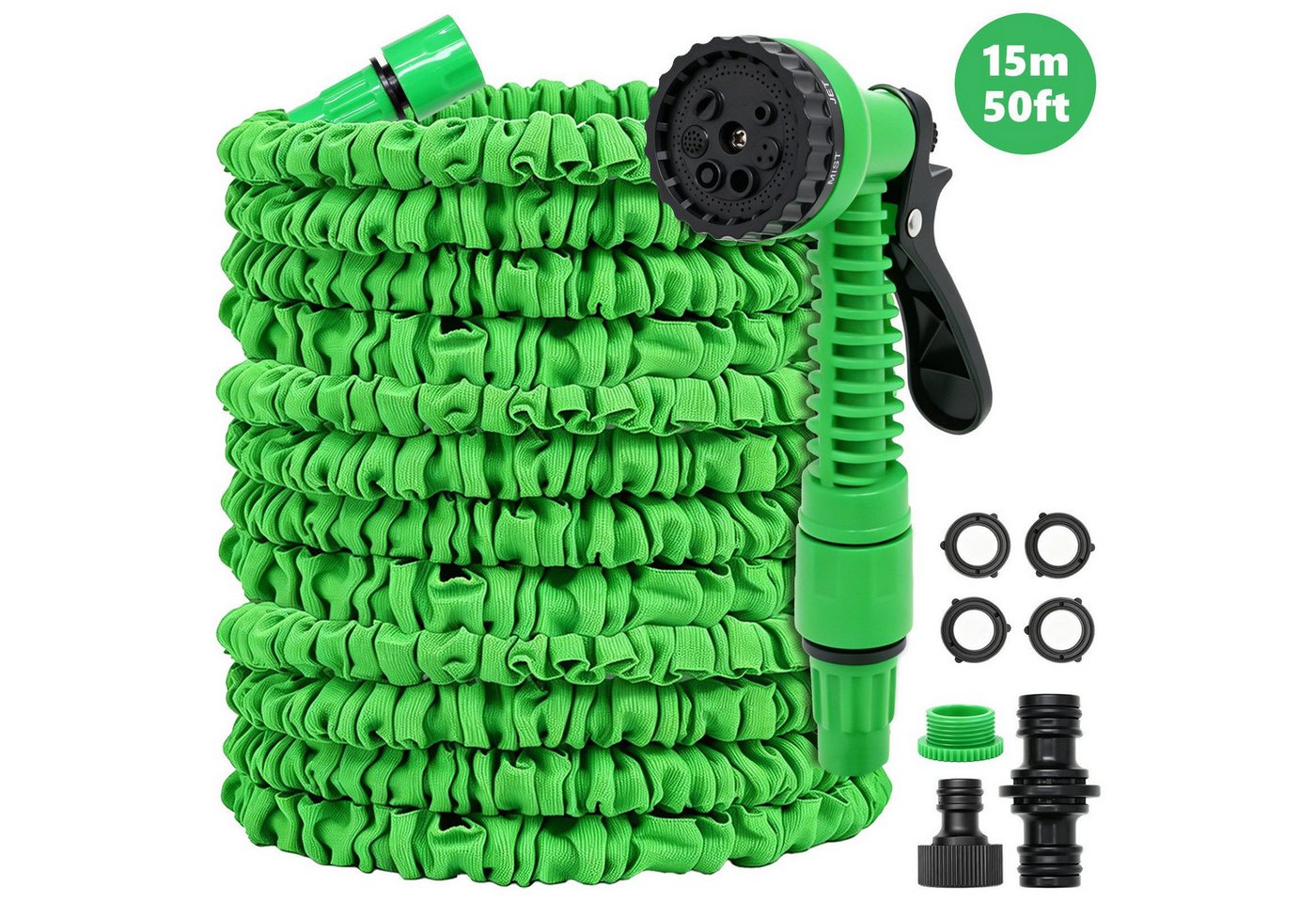 SunJas Gartenschlauch flexibel 15M Dehnbarer Wasserschlauch mit 7 Funktionen Sprühkopf, 1/2" & 3/4" Anschlüsse, Flexibler Schlauch für Garten Bewässerung & Autowäsche Bild 3
