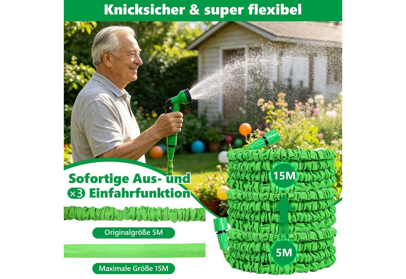 SunJas Gartenschlauch flexibel 15M Dehnbarer Wasserschlauch mit 7 Funktionen Sprühkopf, 1/2" & 3/4" Anschlüsse, Flexibler Schlauch für Garten Bewässerung & Autowäsche Bild 4