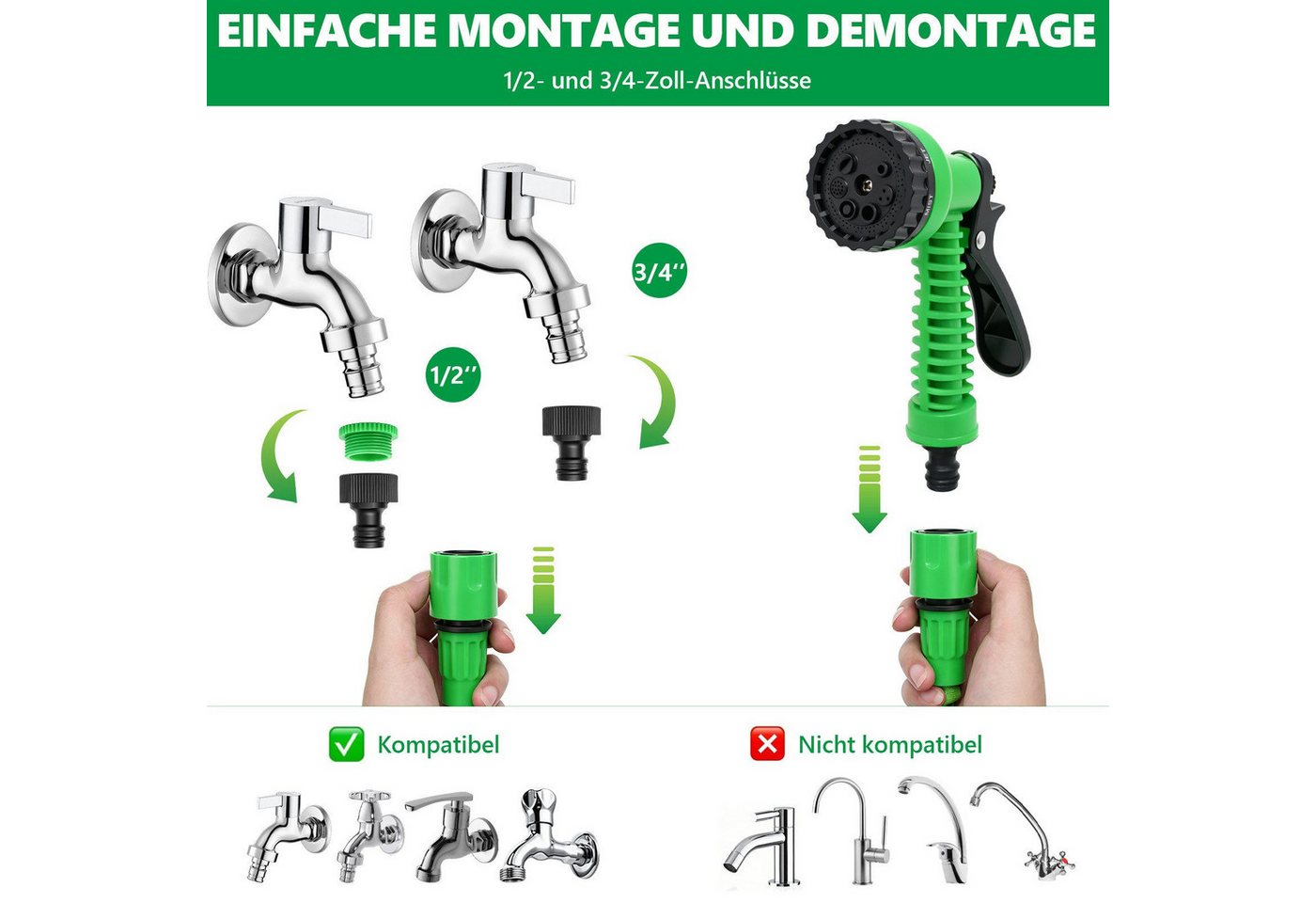 SunJas Gartenschlauch flexibel 15M Dehnbarer Wasserschlauch mit 7 Funktionen Sprühkopf, 1/2" & 3/4" Anschlüsse, Flexibler Schlauch für Garten Bewässerung & Autowäsche Bild 5