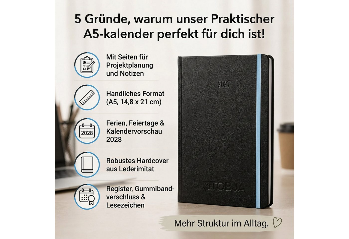 TOBJA Buchkalender Buchkalender 2027 A5 Nero Blau Hardcover Halbstunden 1 Woche 2 Seiten, Halbstunden-Taktung, FSC-Papier, Hardcover, Griffregister