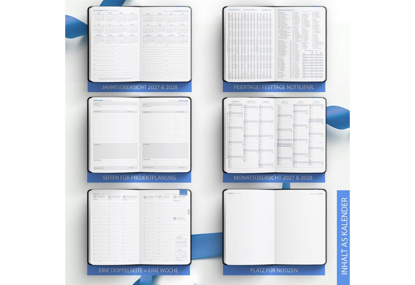 TOBJA Buchkalender Buchkalender 2027 A5 Nero Blau Hardcover Halbstunden 1 Woche 2 Seiten, Halbstunden-Taktung, FSC-Papier, Hardcover, Griffregister Bild 2