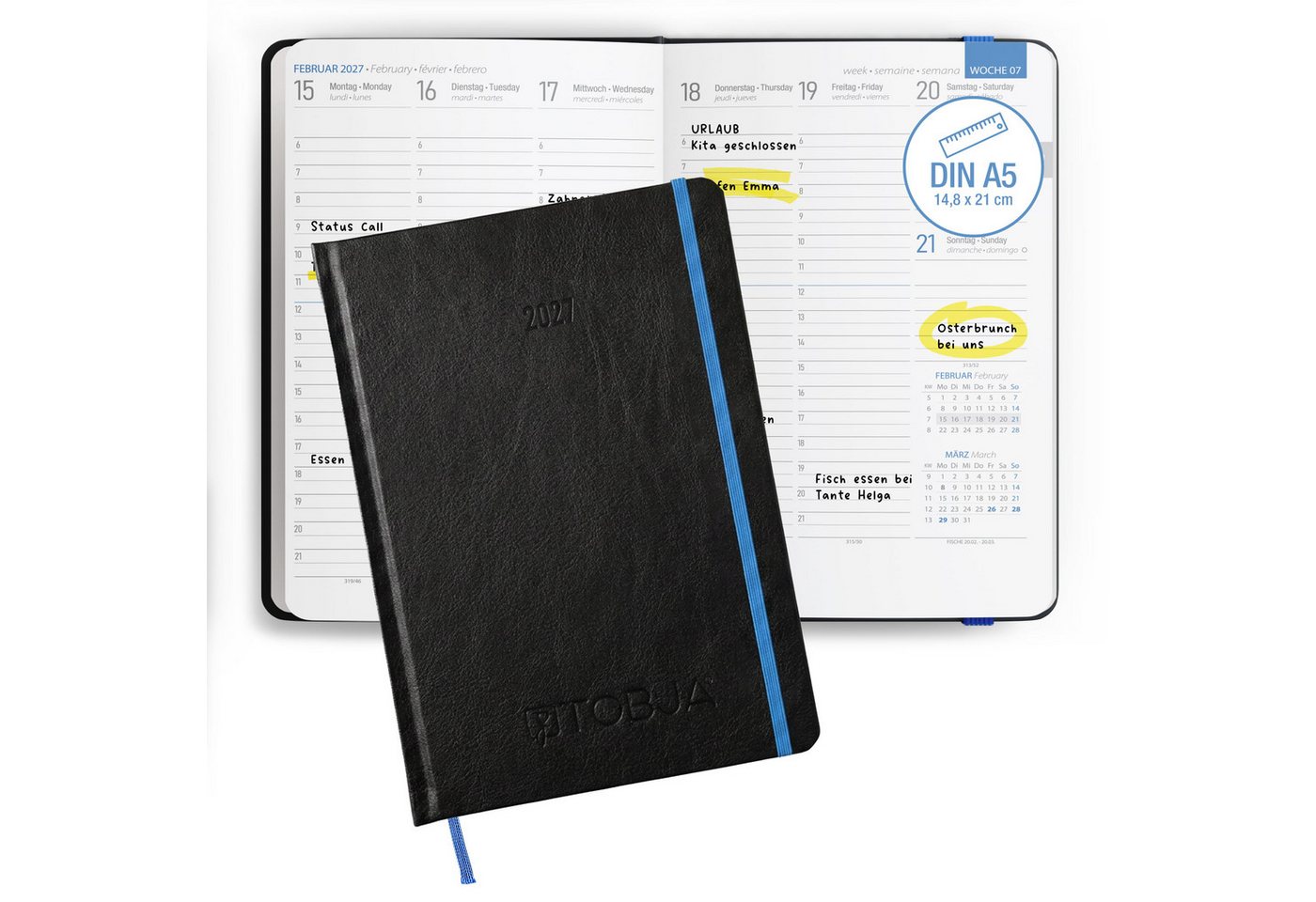 TOBJA Buchkalender Buchkalender 2027 A5 Nero Blau Hardcover Halbstunden 1 Woche 2 Seiten, Halbstunden-Taktung, FSC-Papier, Hardcover, Griffregister Bild 4