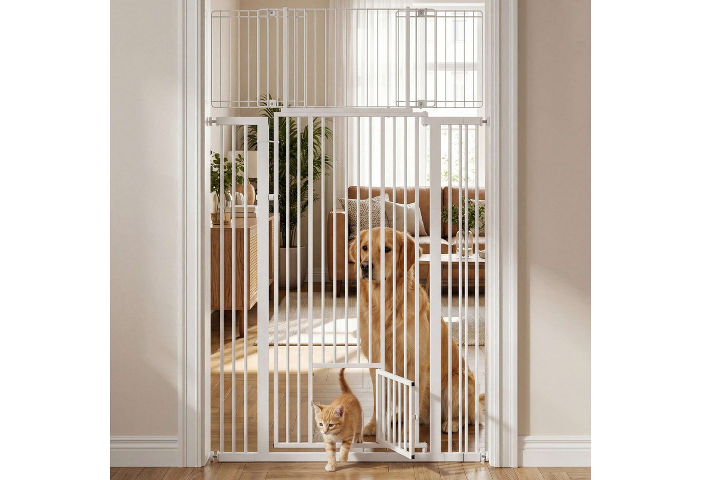 Hausright Treppenschutzgitter Katzengitter Extra hoch 140+40 cm mit Katzentür, für Katzen, bis 130cm, Ohne Bohren montierbar, 180° Türöffnung, 3,5 cm Gitterabstand