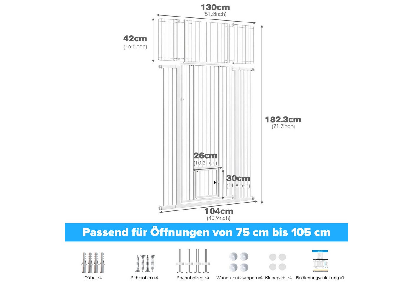 Hausright Treppenschutzgitter Katzengitter Extra hoch 140+40 cm mit Katzentür, für Katzen, bis 130cm, Ohne Bohren montierbar, 180° Türöffnung, 3,5 cm Gitterabstand Bild 4