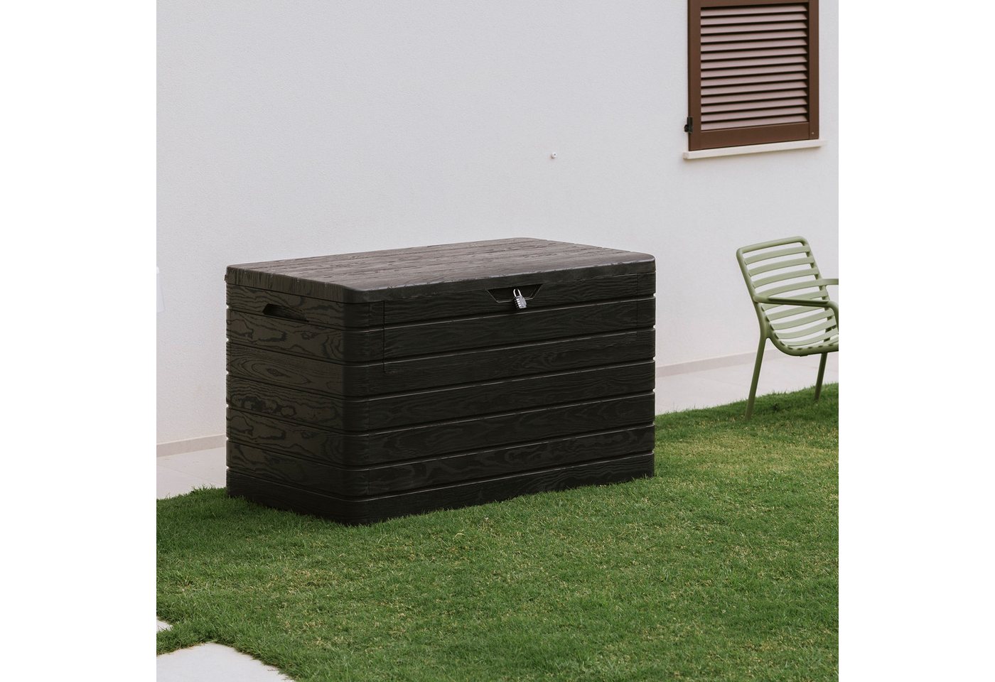 Koll Living Gartenbox Nora 970 Liter aus Kunststoff, 147 x 83 x 85 cm, mit Frontklappe, abschließbar, mit Gasdruckfedern