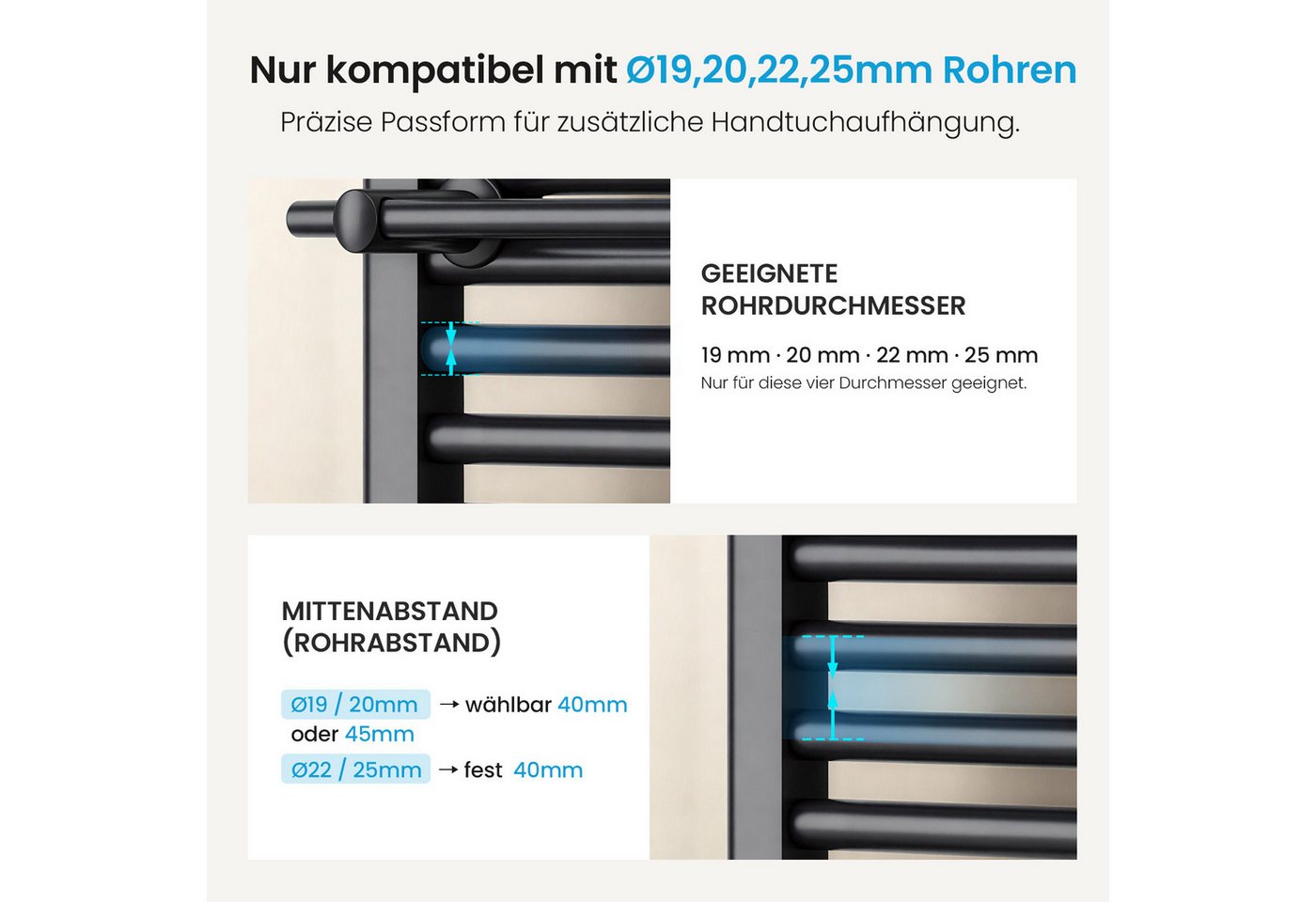 MEYKOERS Handtuchhalter für Badheizkörper, 46 cm, ohne Bohren, Für Rundrohre Ø 19/20/22/25 mm, Klemmmontage, Anthrazit