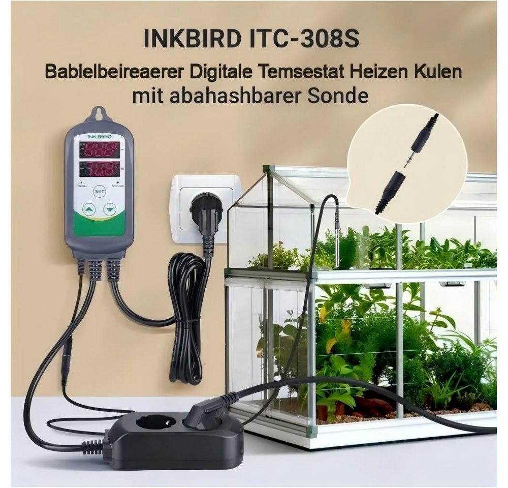 INKBIRD Raumthermostat ITC-308S Digitale Temperaturregler, Abnehmbar Metallsonde CF, max. 240 V AC V, Betriebsart: Heizen / Kühlen, (1-St), Doppeltes Displayfenster Bild 4