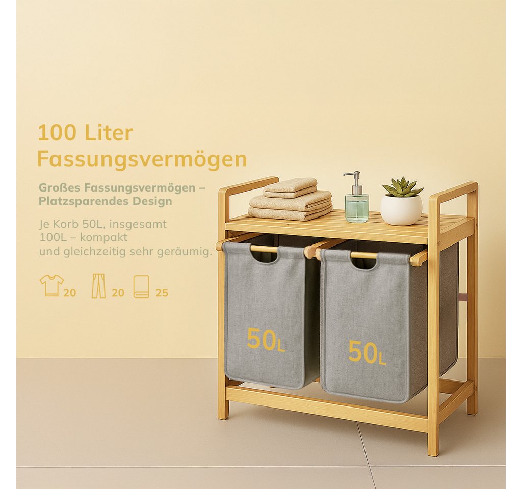 Roxlin Wäschekorb Bambus Wäschekorb 100L mit 2 Fächern Ablage und herausnehmbaren