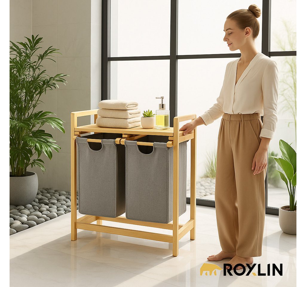 Roxlin Wäschekorb Bambus Wäschekorb 100L mit 2 Fächern Ablage und herausnehmbaren Bild 4