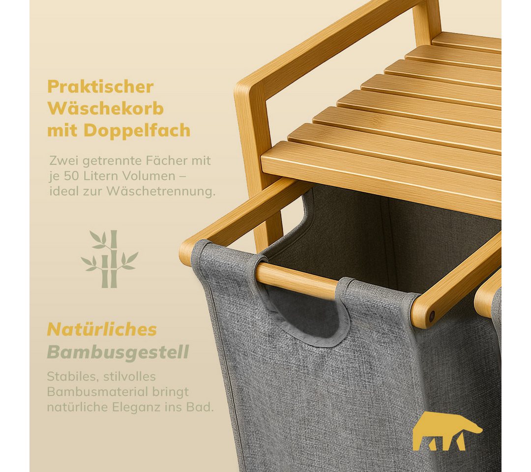 Roxlin Wäschekorb Bambus Wäschekorb 100L mit 2 Fächern Ablage und herausnehmbaren Bild 5