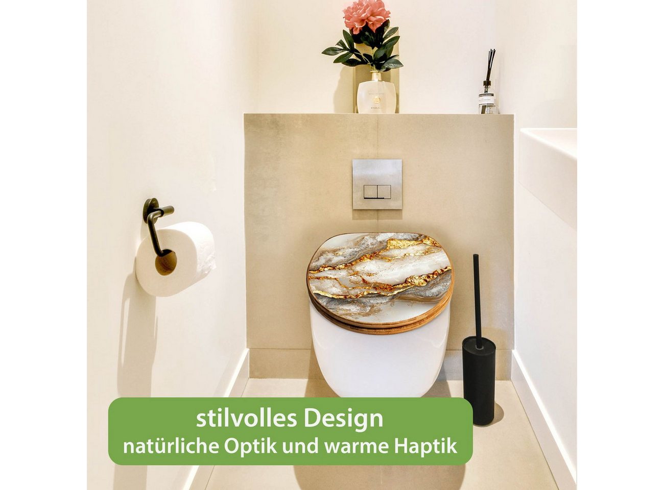 banjado WC-Sitz aus Bambus mit Absenkautomatik Motiv Weißer Marmor mit Gold 2 (umweltfreundliches Material, integrierte Absenkautomatik), 45,8 x 37,5 x 5 cm Bild 5