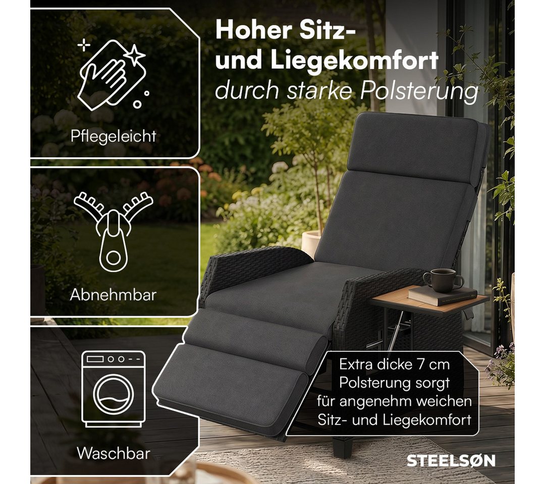 STEELSØN Gartensessel Caelum Gartensessel mit Liegefunktion, mit Ausklapptisch (Schwarz/Akazie, 1-St), Rattan Liegesessel, ausklappbarer Tisch