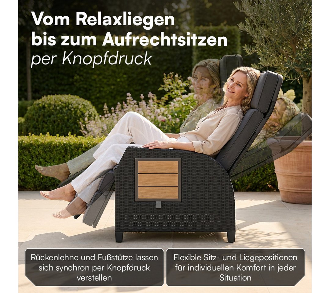 STEELSØN Gartensessel Caelum Gartensessel mit Liegefunktion, mit Ausklapptisch (Schwarz/Akazie, 1-St), Rattan Liegesessel, ausklappbarer Tisch Bild 2
