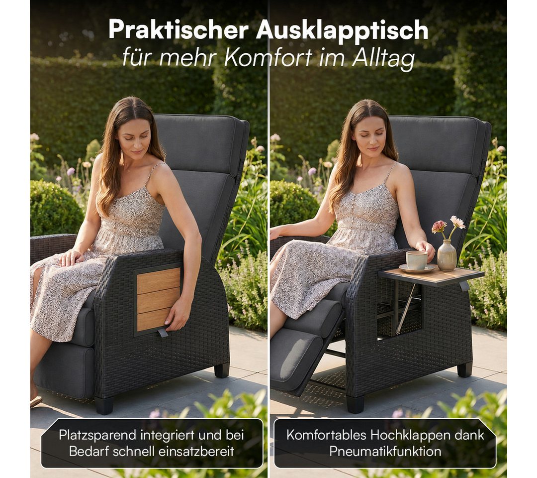 STEELSØN Gartensessel Caelum Gartensessel mit Liegefunktion, mit Ausklapptisch (Schwarz/Akazie, 1-St), Rattan Liegesessel, ausklappbarer Tisch Bild 4