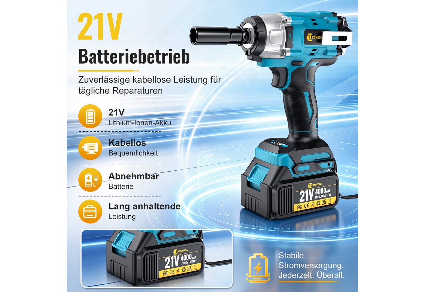 CONENTOOL Akku-Schlagschrauber 500 Nm, Bürstenloser Motor, 2x 4000 mAh Akku, 1/2" Vierkant, 2500 U/min, 500 Nm, (Set, 14-tlg., 5 Stecknüsse (17/18/21/22/24 mm), 5 Bohrer, 3 Bits, Adapter), Elektro-Schlagschrauber & Schlagbohrer 2-in-1 Bild 3