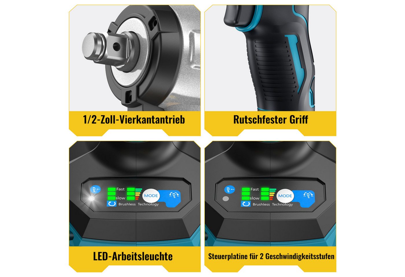 CONENTOOL Akku-Schlagschrauber 500 Nm, Bürstenloser Motor, 2x 4000 mAh Akku, 1/2" Vierkant, 2500 U/min, 500 Nm, (Set, 14-tlg., 5 Stecknüsse (17/18/21/22/24 mm), 5 Bohrer, 3 Bits, Adapter), Elektro-Schlagschrauber & Schlagbohrer 2-in-1 Bild 4