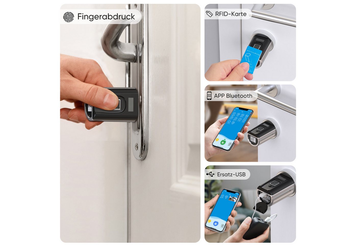 WE.LOCK Türschloss-Funksteuerung WELOCK Türschloss Fingerabdruck F51 für 30-70mm Türen, für Wohnungstüren, Zimmertüren, Bürotüren, Abstellraumtüren, Haustüren (Türen mit Traufe), Packung, Smartes türschloss x1, RFID-Karte x3, Anleitung x1, Zubehörbox x1, Fingerabdruck, RFID-Karte, APP, USB-Entsperrung, einfache Installation
