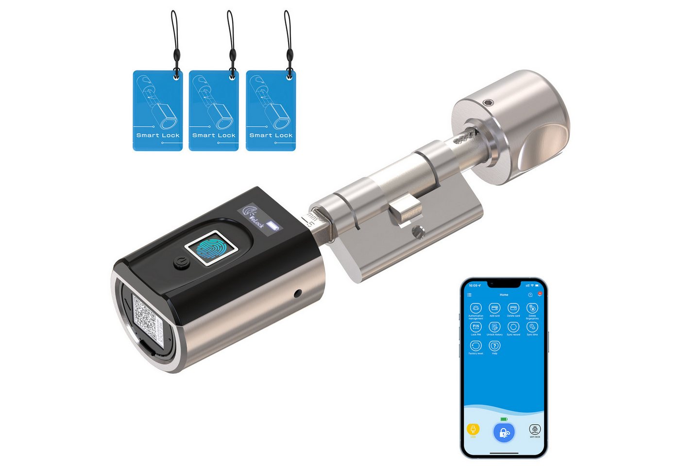 WE.LOCK Türschloss-Funksteuerung WELOCK Türschloss Fingerabdruck F51 für 30-70mm Türen, für Wohnungstüren, Zimmertüren, Bürotüren, Abstellraumtüren, Haustüren (Türen mit Traufe), Packung, Smartes türschloss x1, RFID-Karte x3, Anleitung x1, Zubehörbox x1, Fingerabdruck, RFID-Karte, APP, USB-Entsperrung, einfache Installation Bild 3