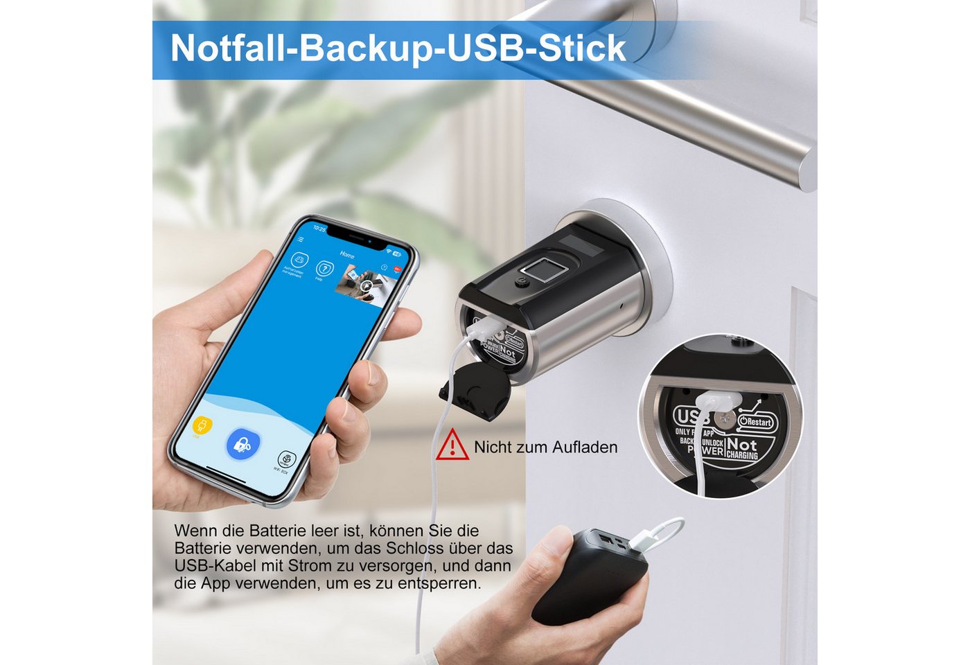 WE.LOCK Türschloss-Funksteuerung WELOCK Türschloss Fingerabdruck F51 für 30-70mm Türen, für Wohnungstüren, Zimmertüren, Bürotüren, Abstellraumtüren, Haustüren (Türen mit Traufe), Packung, Smartes türschloss x1, RFID-Karte x3, Anleitung x1, Zubehörbox x1, Fingerabdruck, RFID-Karte, APP, USB-Entsperrung, einfache Installation Bild 4
