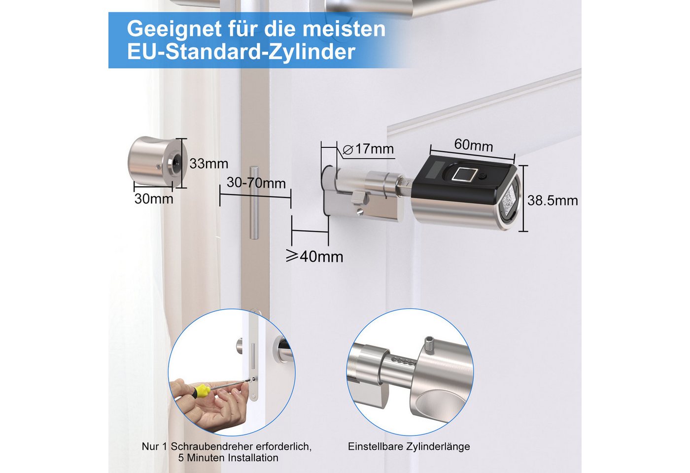 WE.LOCK Türschloss-Funksteuerung WELOCK Türschloss Fingerabdruck F51 für 30-70mm Türen, für Wohnungstüren, Zimmertüren, Bürotüren, Abstellraumtüren, Haustüren (Türen mit Traufe), Packung, Smartes türschloss x1, RFID-Karte x3, Anleitung x1, Zubehörbox x1, Fingerabdruck, RFID-Karte, APP, USB-Entsperrung, einfache Installation Bild 5