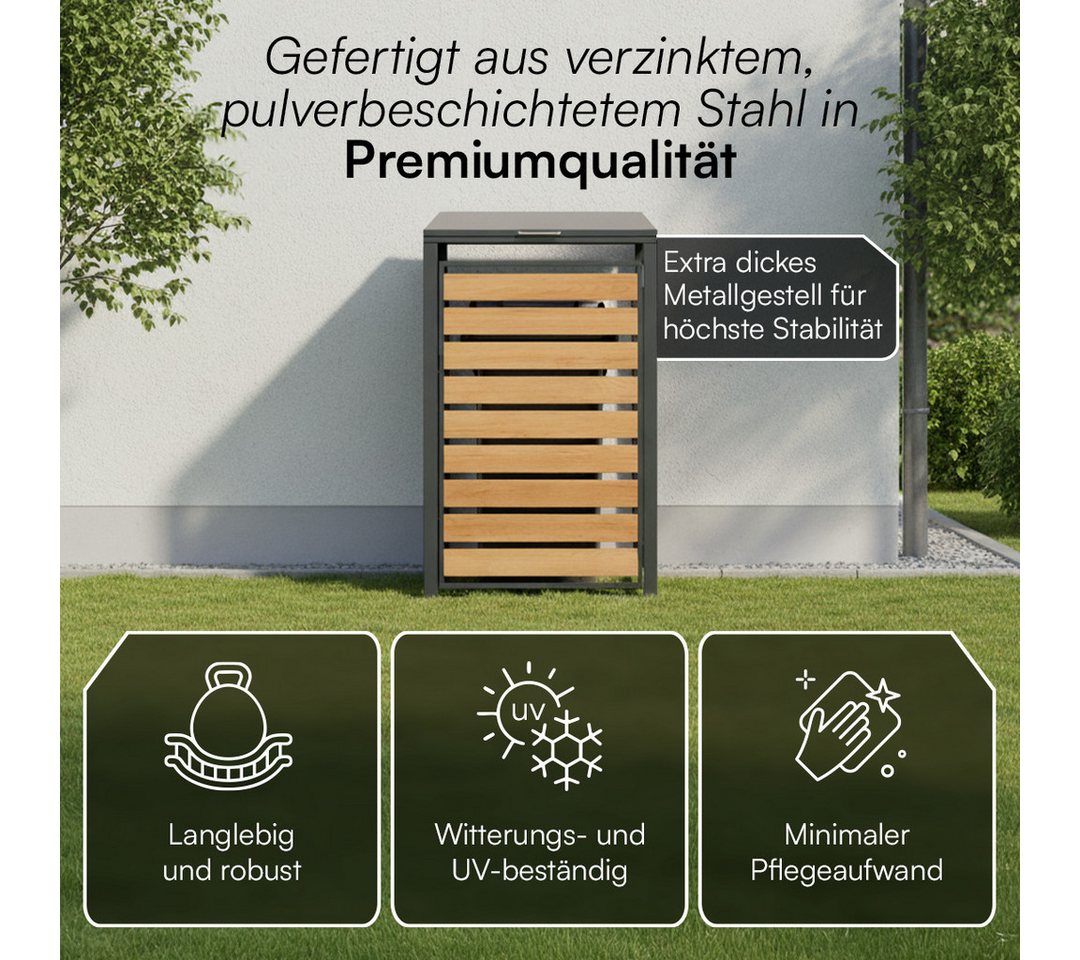STEELSØN Mülltonnenbox Kestra 120L aus verzinktem Stahl (Anthrazit/Holz, Für 1 Tonne), verfügbar mit 1, 2, 3, 4 oder 5 Türen, mit Sichtstreifen Holzoptik